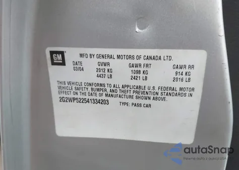 2004 Pontiac Grand Prix Gt1 z USA, uszkodzony, nr VIN 2G2WP522541334203